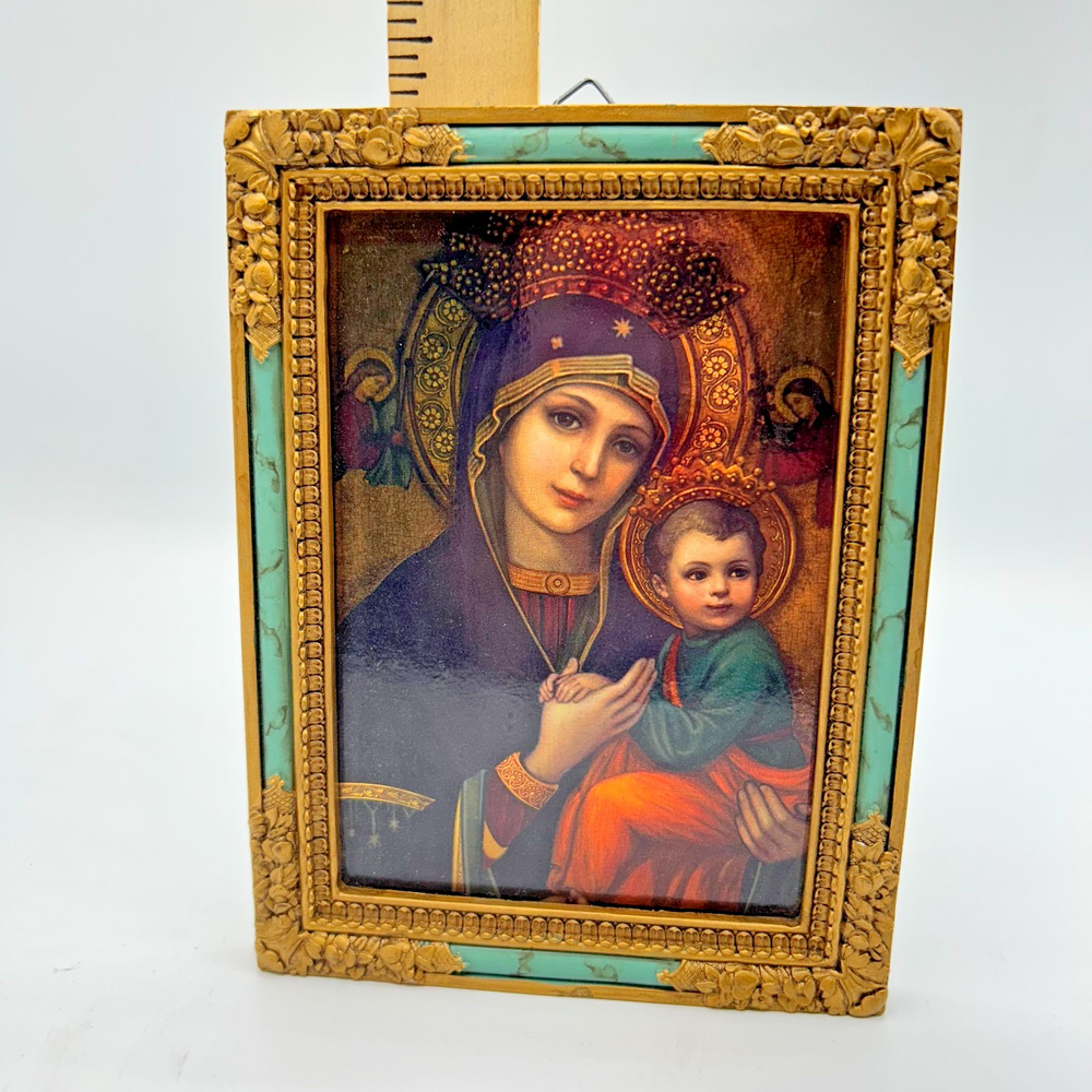 OUR LADY OF PERPETUAL HELP ICON 7.25" Gold/Turquoise Trimmed Frame